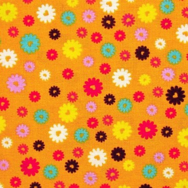 Tela patchwork: flores de colores sobre naranja