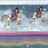 Tela patchwork Gorjuss Rainbow Dreams cenefa de muñequitas en unicornios