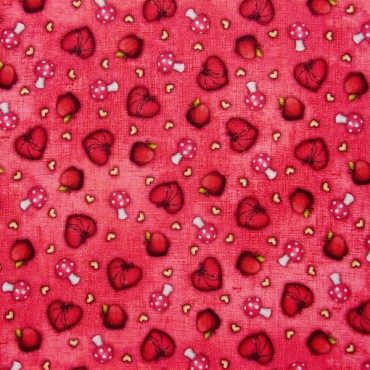 Tela patchwork Gorjuss My Story corazones, setas y manzanas sobre rojo