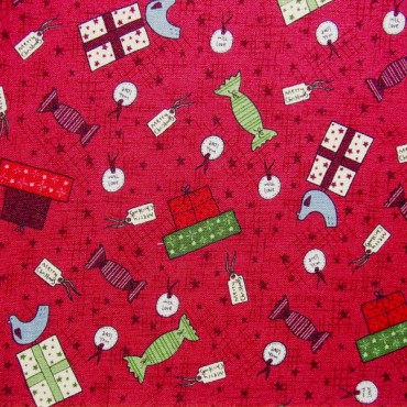Tela patchwork de Navidad Festive Fun regalos sobre rojo