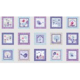 Panel patchwork pajaritos en lila, lavanda y azul